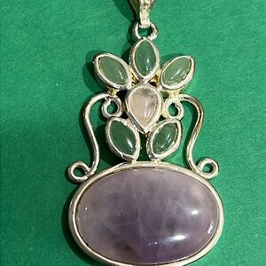 Silvertone Amethyst, rose quart and Green aventurine  Stone Pendant